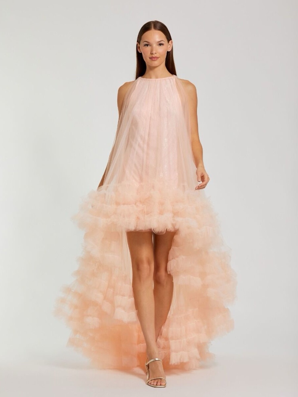 Mac Duggal 68252 Pink Tulle High Neck Sleeveless Ruffled Hem Hi-Low Gown Size 12